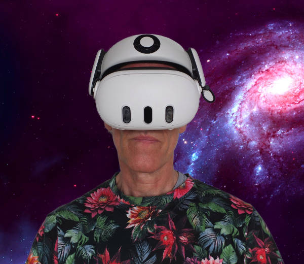 Andreas U. Korn mit Meta Quest 3 vor einem Bild vom Universum